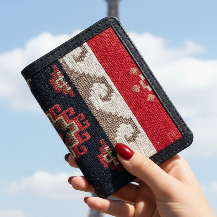 Hand holding a passport cover with armenian/persian pattern against the Eiffel Tower.