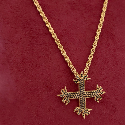 flanged necklace with edgy corners cross full black zircon