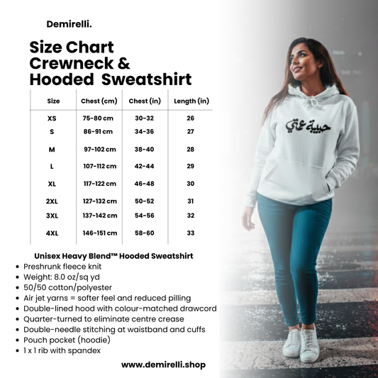 Size chart for a crewneck and hooded sweatshirt with a model wearing the sweatshirt.