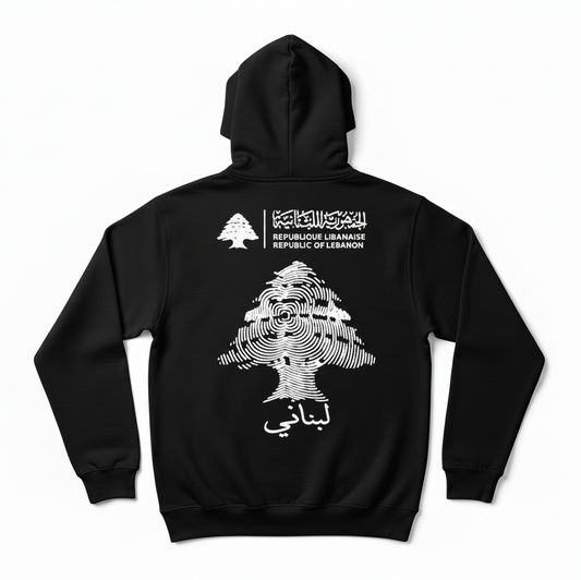 black hoodie with white graphics and text on the back, featuring a lebanese cedar and the passport cover design design