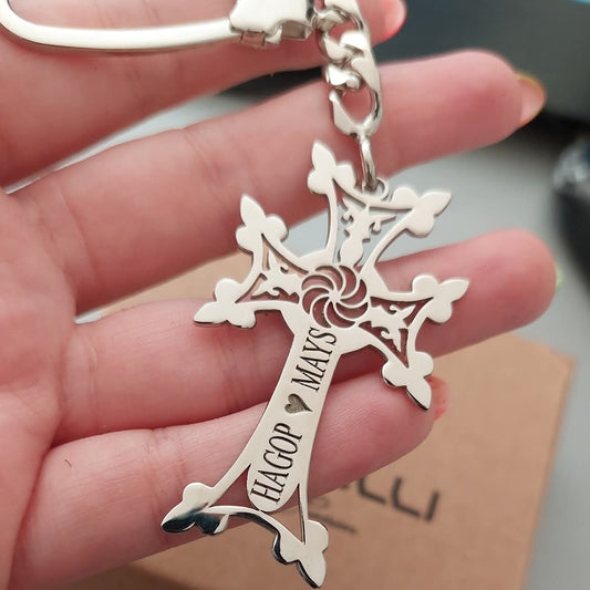 Personalized Armenian Khachkar Keychain by Demirelli, handcrafted keyring featuring traditional Armenian cross design for meaningful gifting