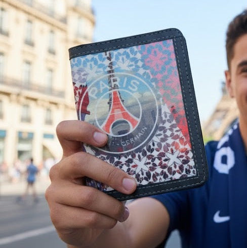 PSG Passport Cover by Demirelli, stylish travel accessory featuring Paris Saint-Germain club colors and design