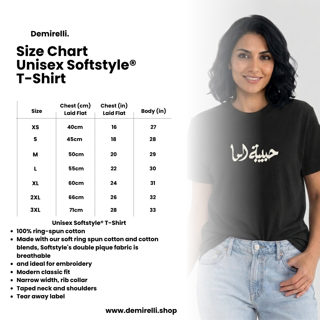 Size chart for Demirelli Unisex Softstyle T-Shirt with a model wearing the shirt.