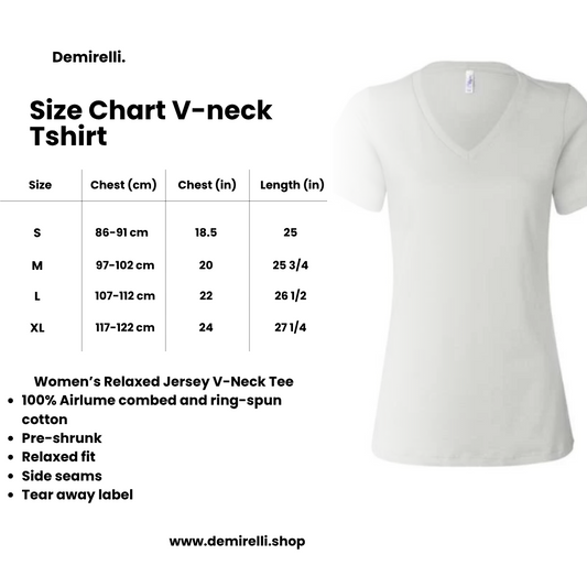 White V-neck t-shirt with size chart and product details on a white background