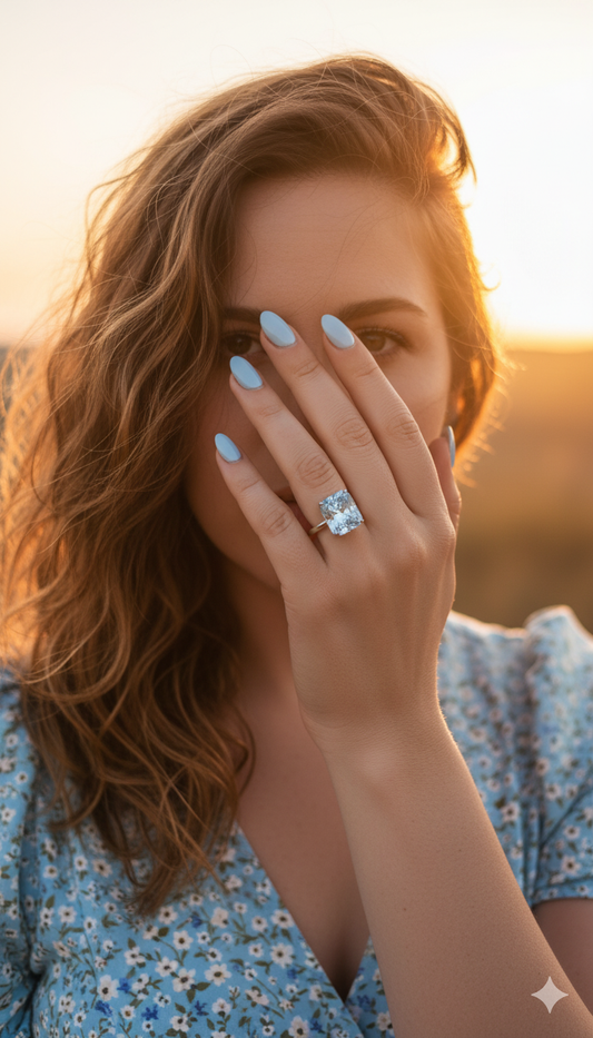 Woman with a blue ring on her finger, holding her hand to her face against a blurred natural background