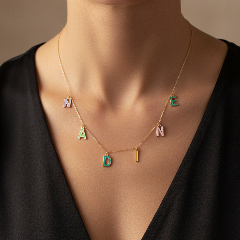 18K Enamel Hanging Letters Necklace - Demirelli