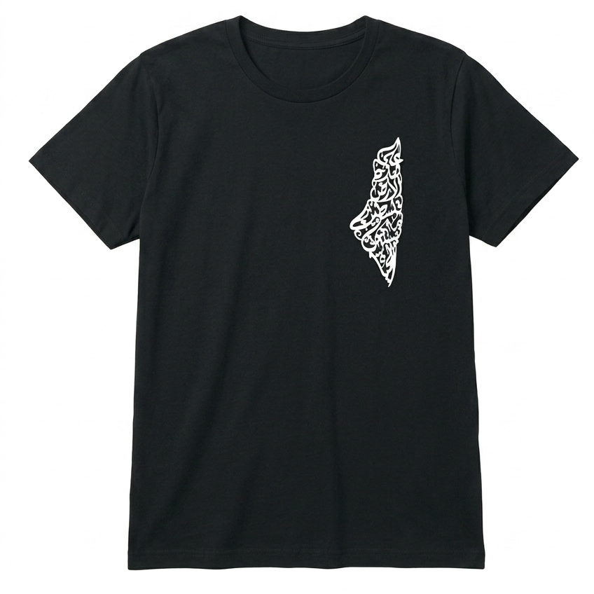 Black t-shirt with a white geometric design on a white background