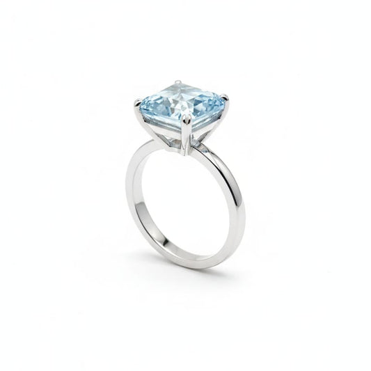 Silver ring with a blue gemstone on a white background