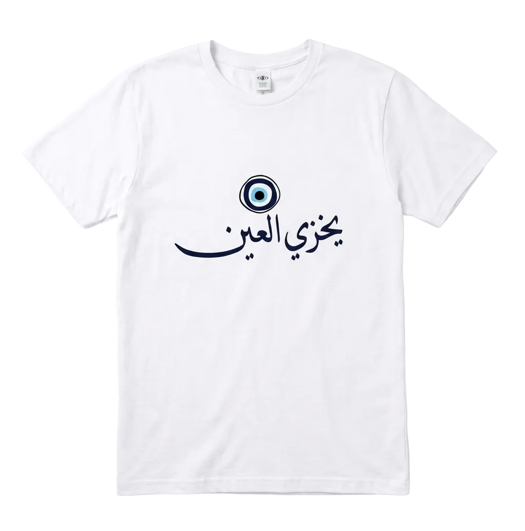 A white short-sleeve crewneck t-shirt featuring a black Arabic yekhzi el 3ein calligraphy graphic and a blue-and-white evil eye design on the chest, displayed against a clean white background.