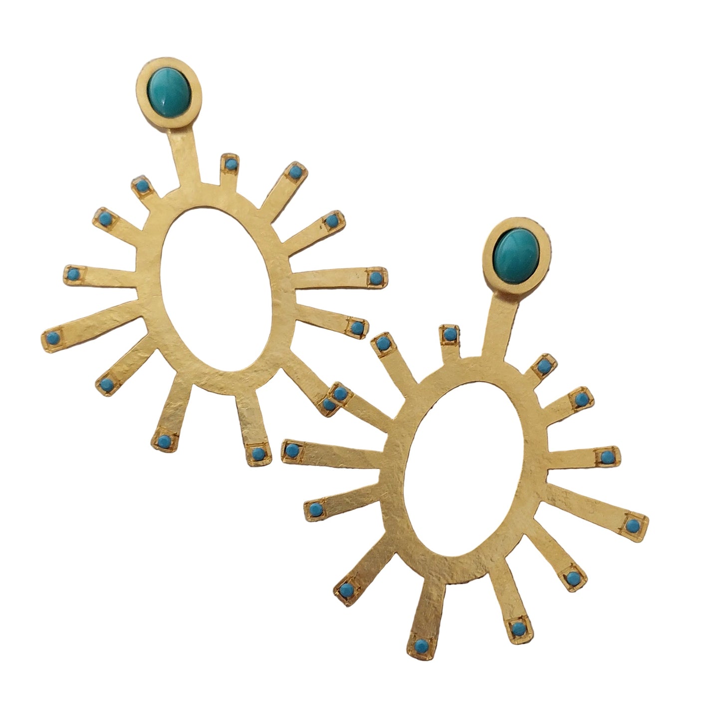 Gold sun-shaped earrings with turquoise stones on a white bacground