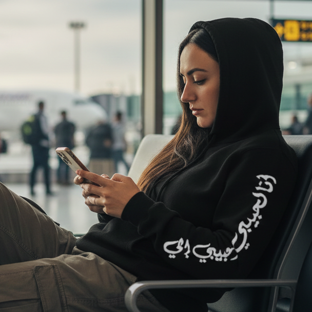 woman sitting on her phone in the airport wearing a black hoodie with ana la habibi w habibi eli on the arm