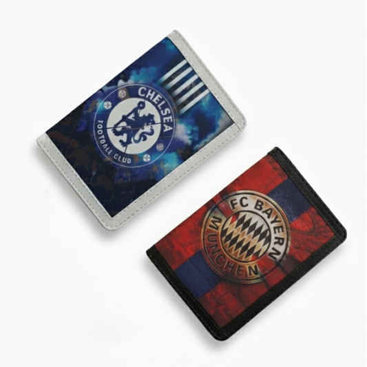 Two passport covers with Chelsea and Bayern Munich logos on a white background