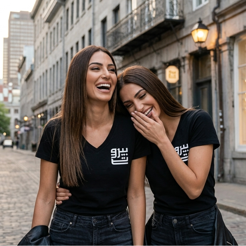 Two women wearing black t-shirts with beirut logo, laughing together on a city street.