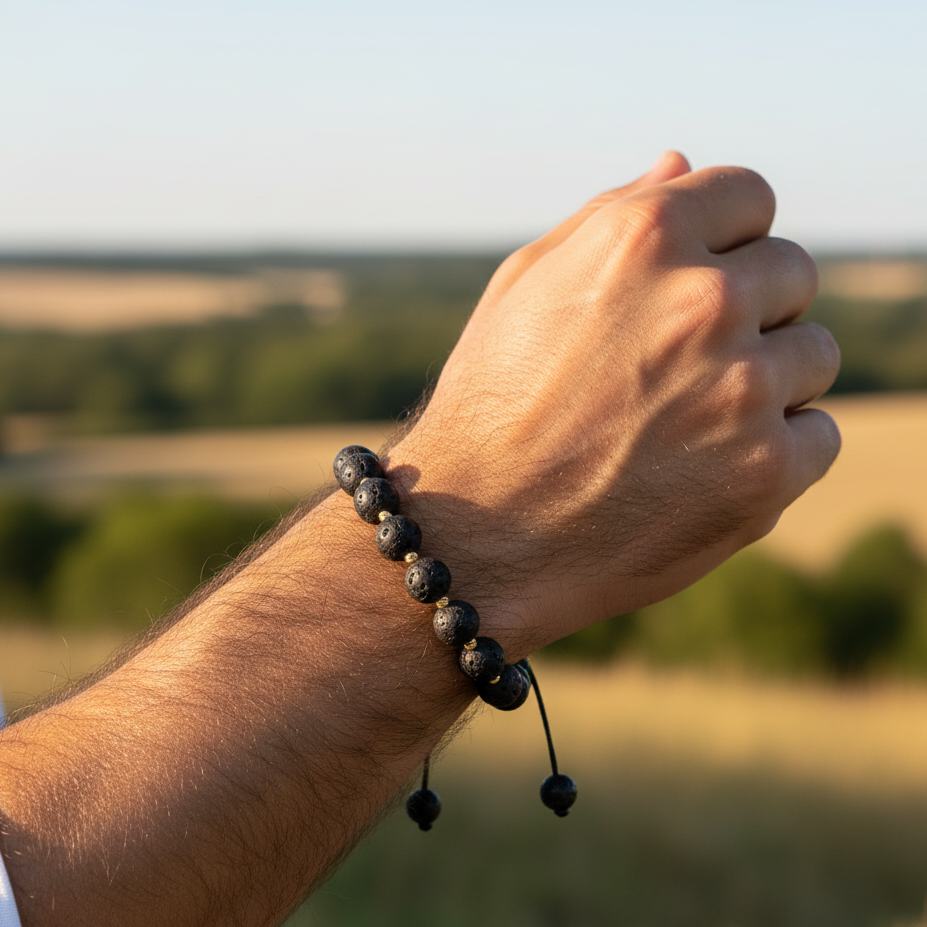 Hand wearing a black beaded bracelet with a scenic background