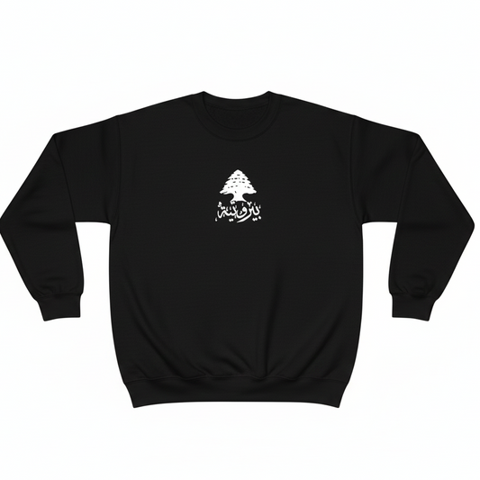 black sweatshirt on a white background with cedar on it in white and written from beirut