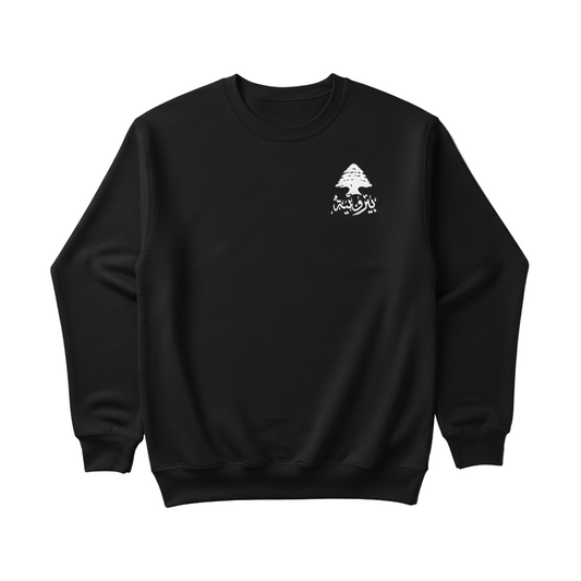 black sweatshirt on a white background with cedar on it in white and written lebanese on the side