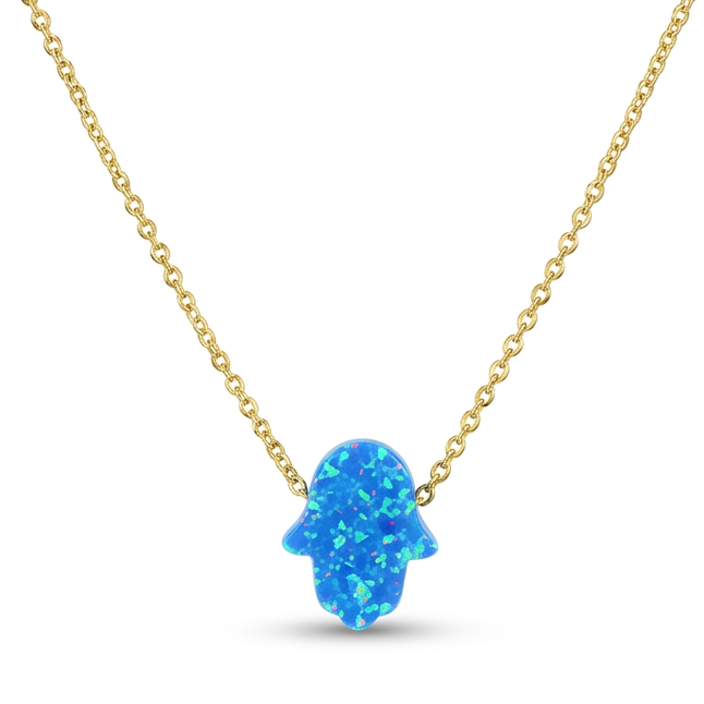 Blue hamsa pendant on a gold chain against a white background