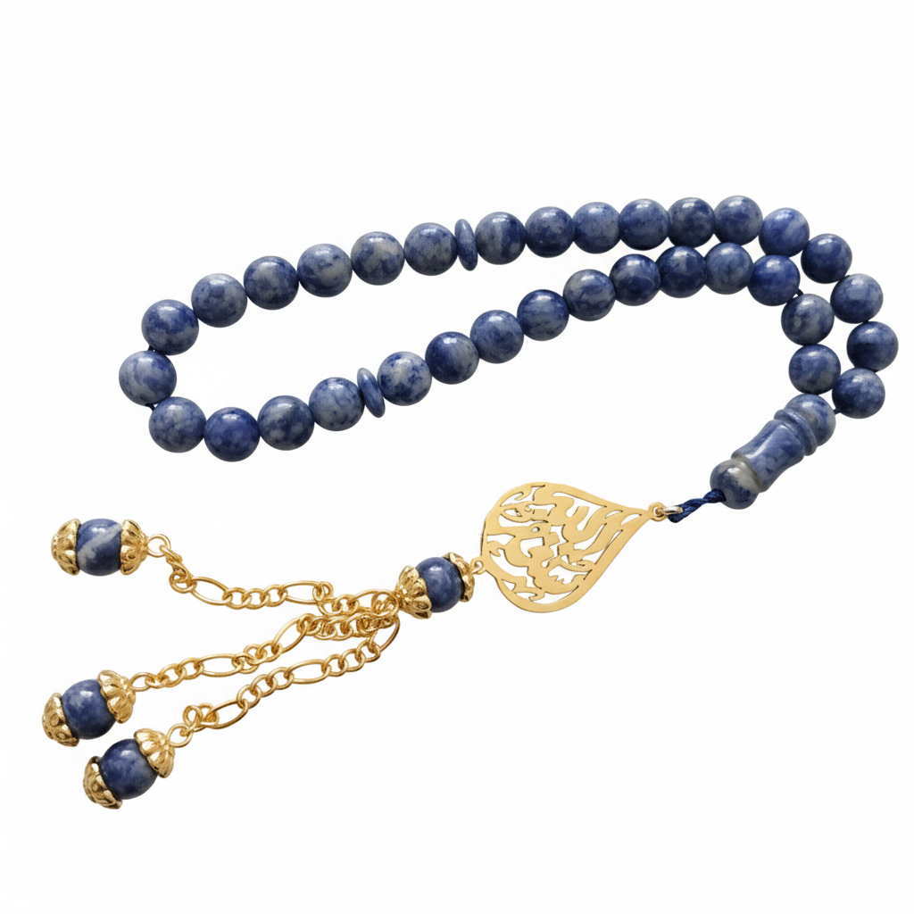 a brazilian sodalite masbaha prayer beads by demirelli, with personalized tearshape name n shiny gold finishing