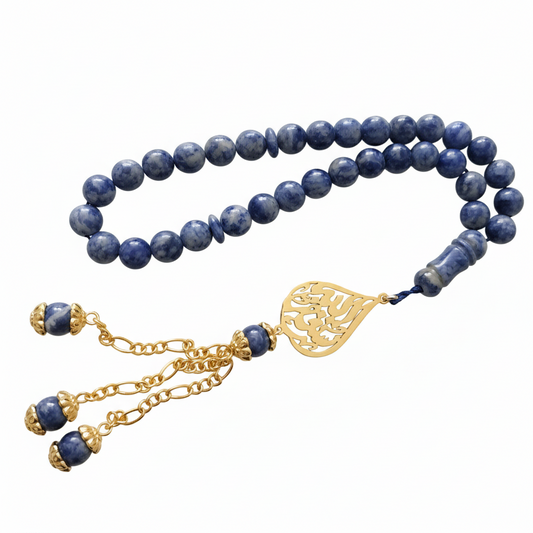 a brazilian sodalite masbaha prayer beads by demirelli, with personalized tearshape name n shiny gold finishing
