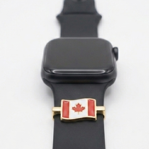 Black smartwatch with a strap featuring the Canadian flag on a white background