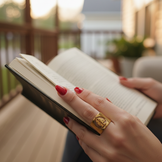 Hand holding a book with red nail polish and a gold ring, blurred indoor background