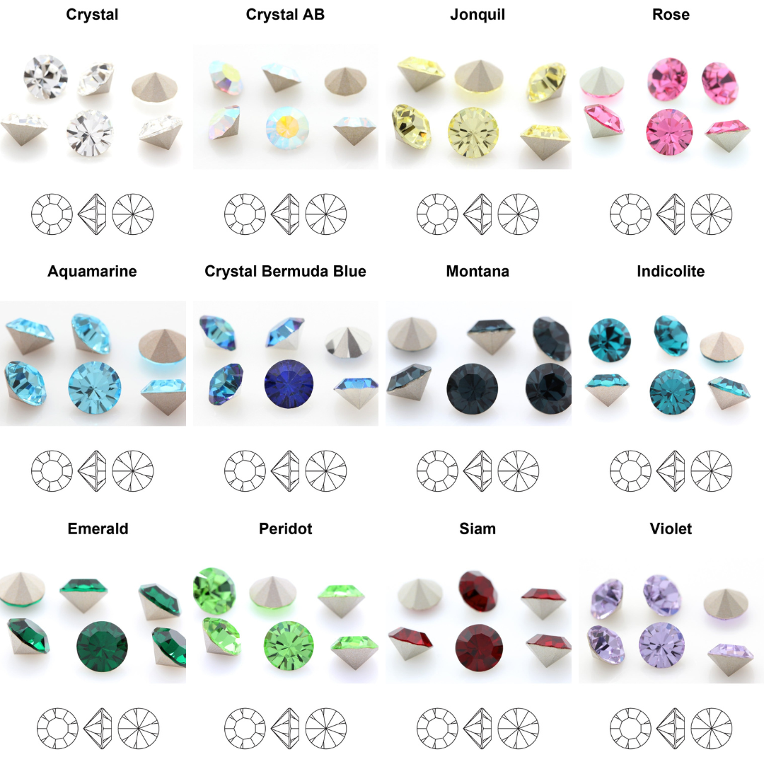 Collection of various chaton swarovski colors with labeled names on a white background