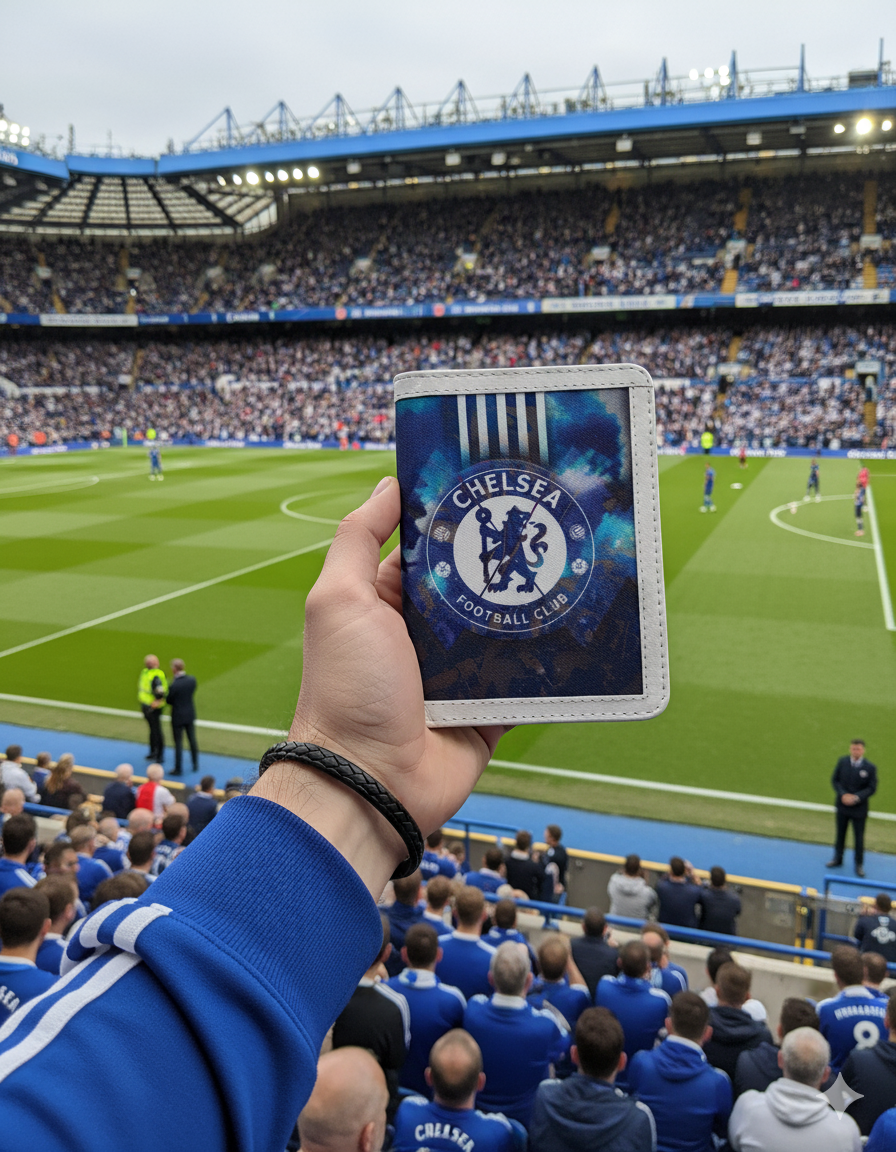 Chelsea Passport Cover from Demirelli, elegant football fan travel accessory showcasing the club’s colors and logo