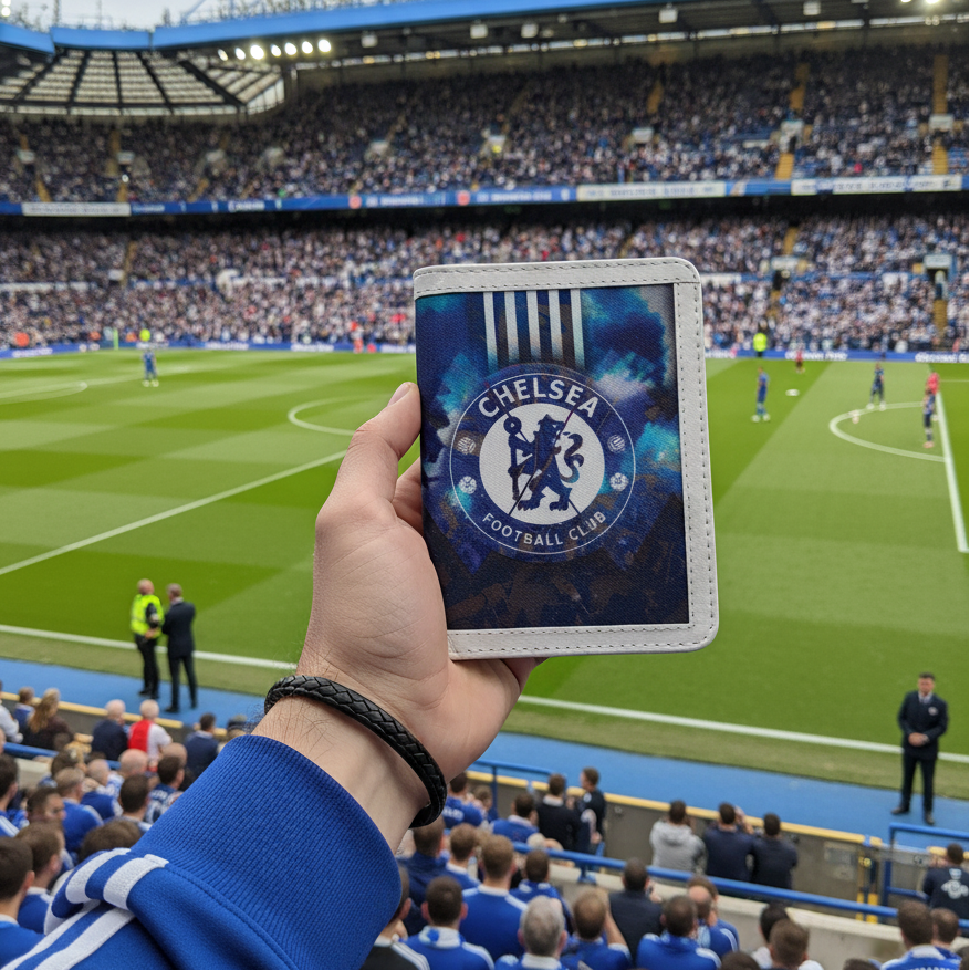 Chelsea Passport Cover from Demirelli, elegant football fan travel accessory showcasing the club’s colors and logo