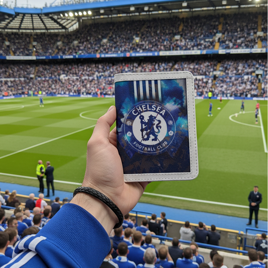 Chelsea Passport Cover from Demirelli, elegant football fan travel accessory showcasing the club’s colors and logo