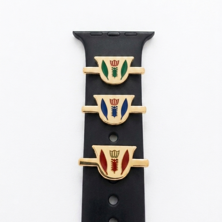 Black smartwatch band with gold lebanese coffee cup design in three different colors, green, blue and red on  a white background