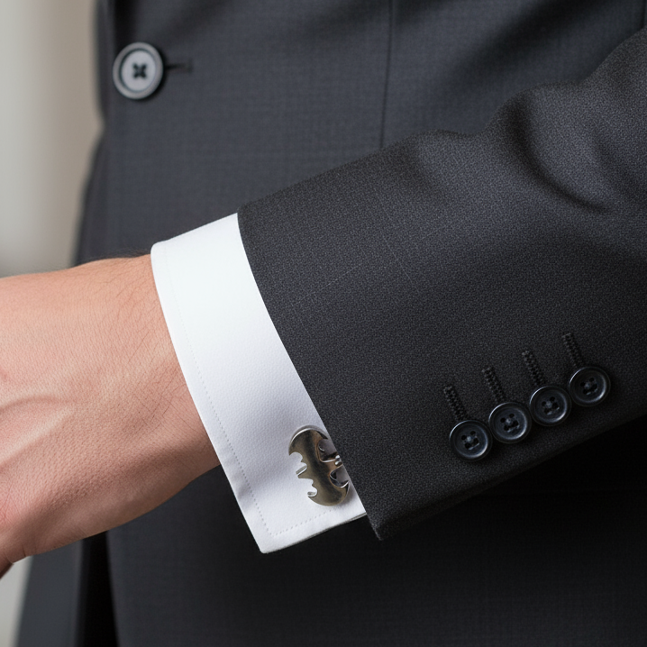 Close-up of a person wearing a dark suit with silver batman cufflinks.
