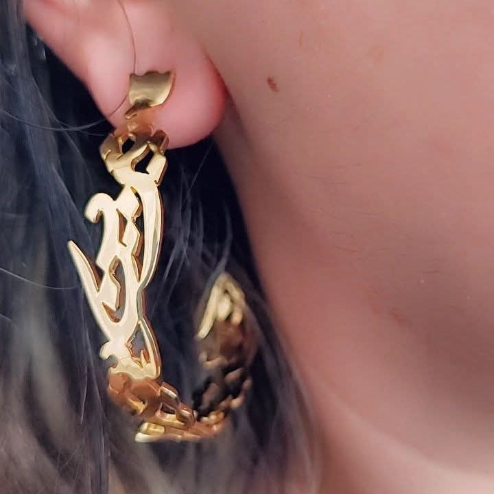 Customized Hoop Name Earrings by Demirelli, handcrafted personalized jewelry designed for bold, stylish, and meaningful expression