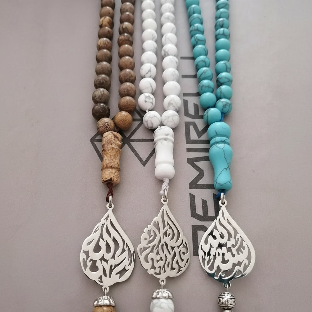 Demirelli Personalized Teardrop Name Masbaha, elegant handcrafted prayer beads with custom name engraving for personal or gift use