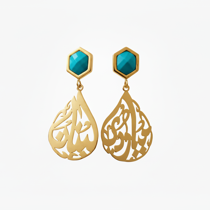 Gold earrings with turquoise stones on a white background