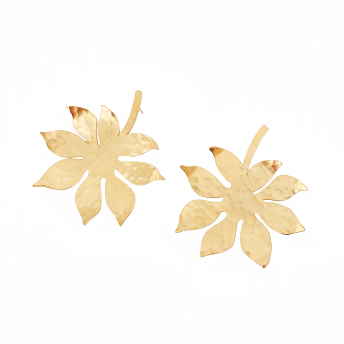 Gold leaf-shaped earrings on a white background