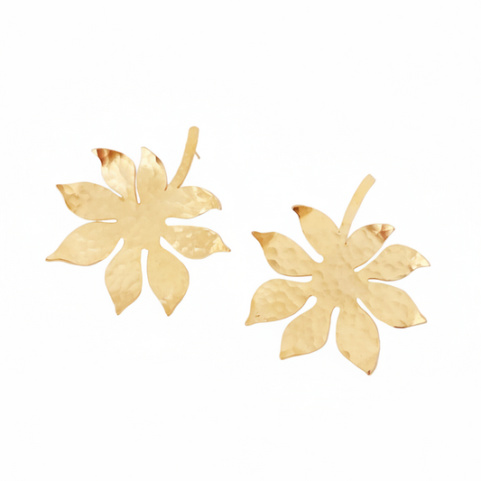Gold leaf-shaped earrings on a white background
