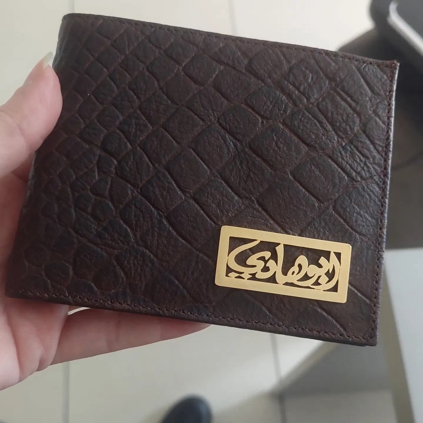 Demirelli Personalized Brown Croc Wallet, stylish handcrafted leather accessory with custom name engraving for gifting or daily use