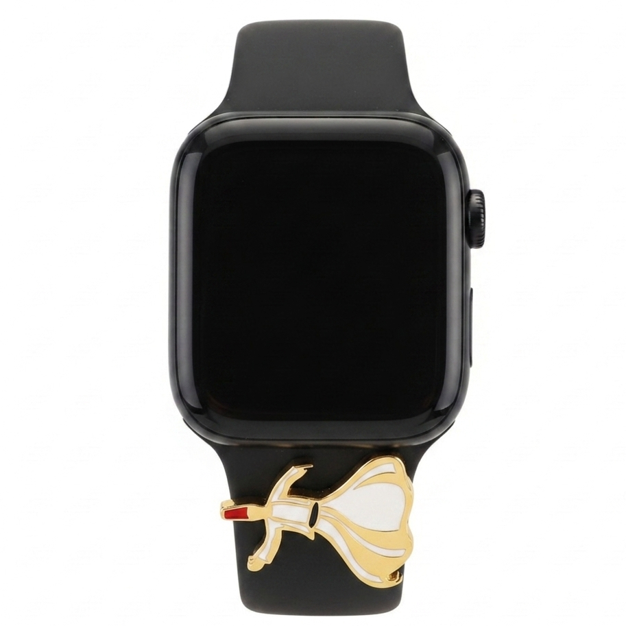 Black smartwatch with a dervish darwish design band add on with enamel on a white background