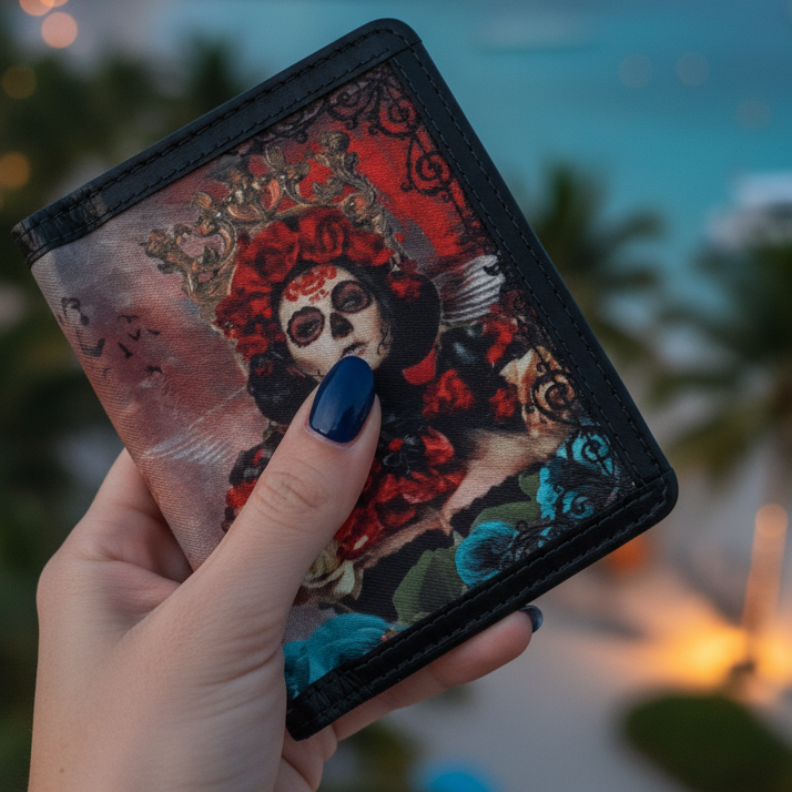 Hand holding a wallet with a skull design against a blurred beach background