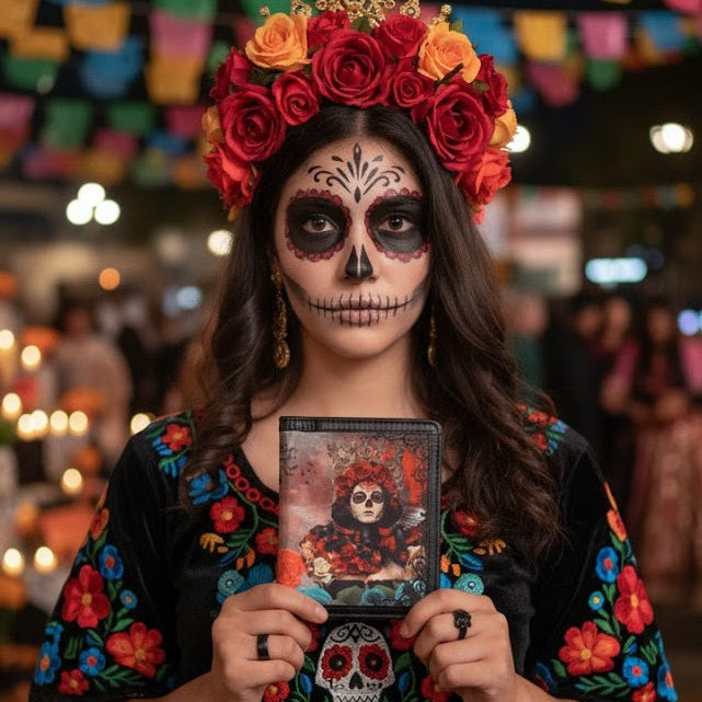 Día De Los Muertos Passport Cover by Demirelli, vibrant handcrafted travel accessory inspired by Mexican art and cultural heritage