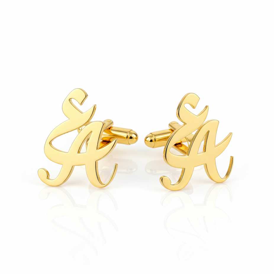 Gold cufflinks with a mix of english and arabic letter inititals design on a white background