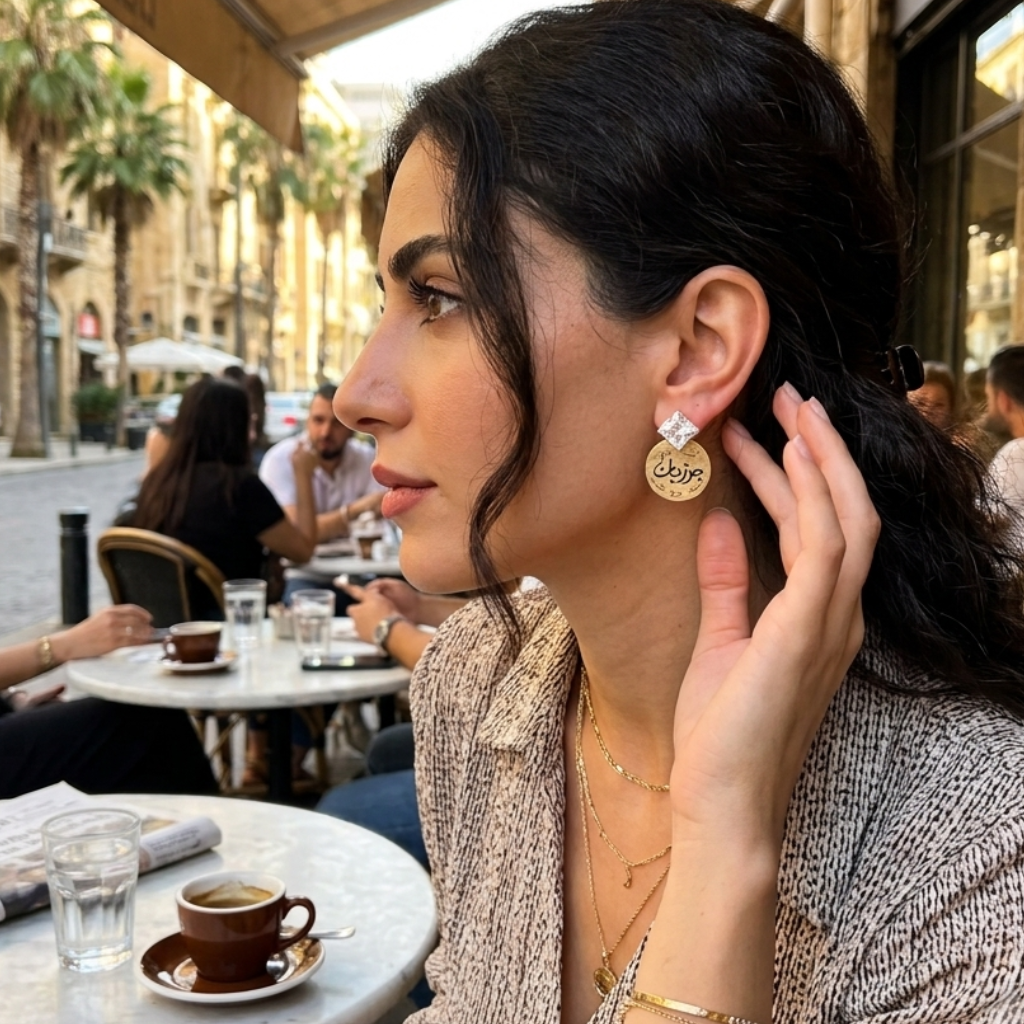 Woman sitting at an outdoor cafe table with a cup of coffee, wearing earrings and a bracelet.