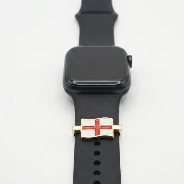 Black smartwatch with a unique band featuring england flag design on a white background