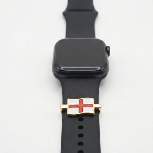 Black smartwatch with a unique band featuring england flag design on a white background
