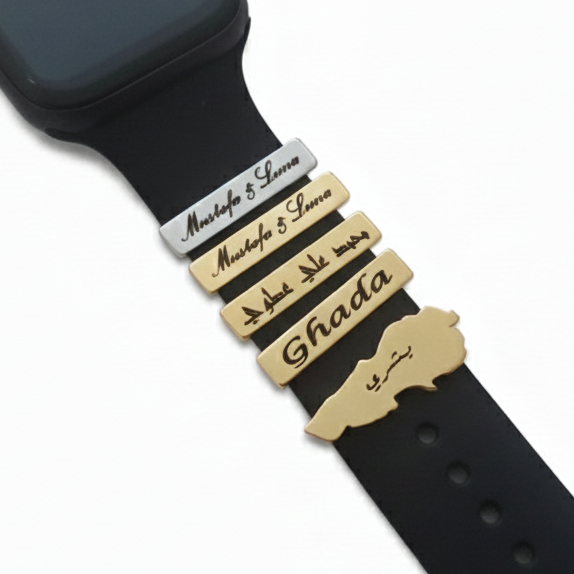 Smartwatch with a black band featuring engraved names on a white background