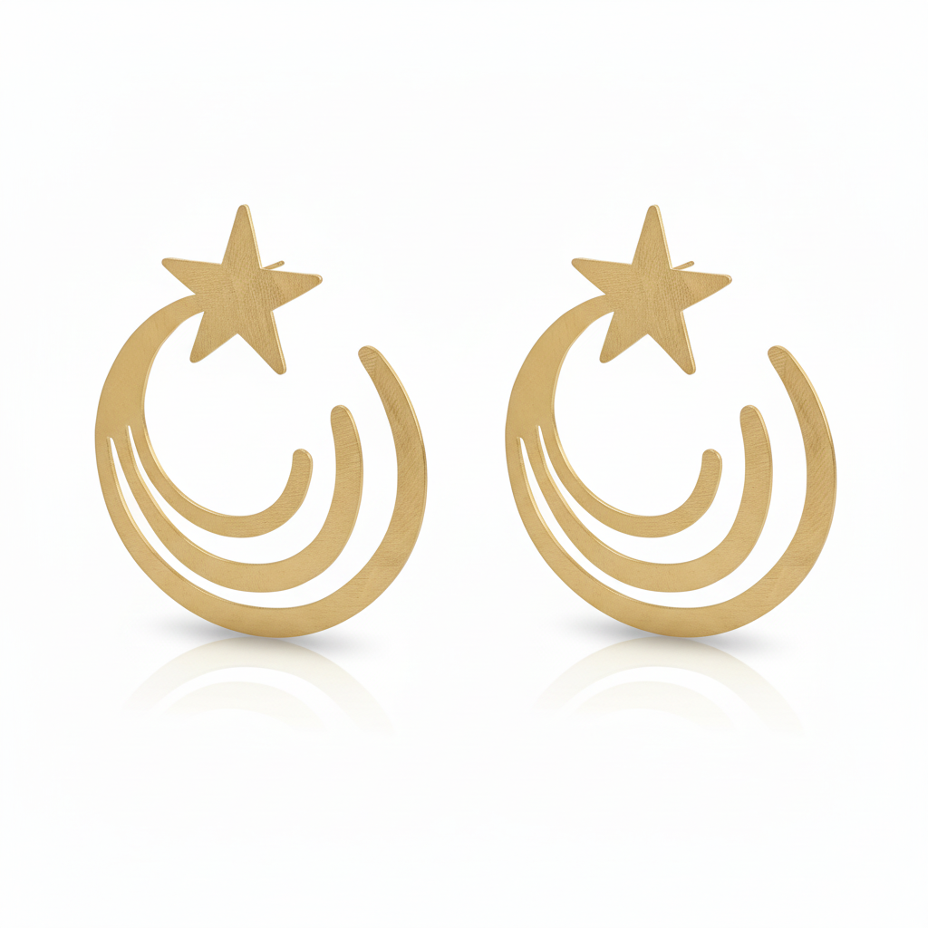 Gold earrings with star and crescent moon design on a white background
