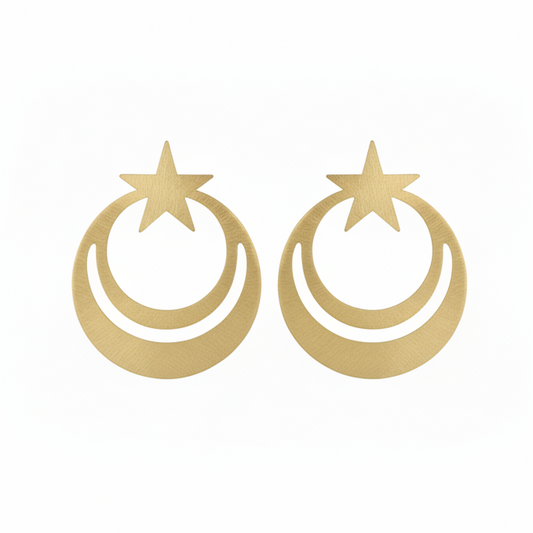 Gold hoop earrings with star designs on a white background