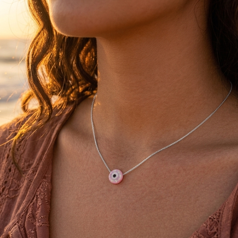 Person wearing a necklace with a pink evil eye pendant on a beach at sunset