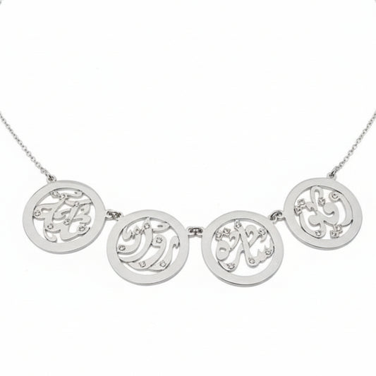 family and kids names necklace silver gold round on a white background