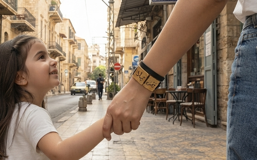 A woman and a young girl holding hands on a cobblestone street, with the woman wearing a black and gold Arabic script bracelet on her wrist.